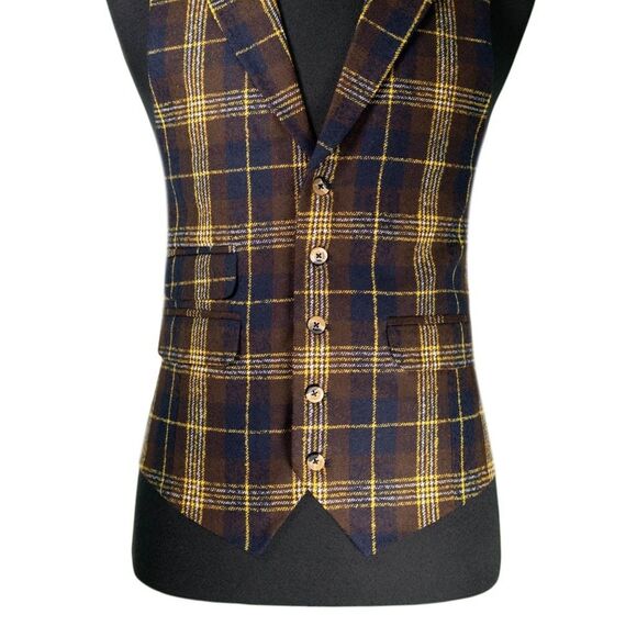 Mens 42R Wool Vest Brown Blue Yellow Plaid Waistcoat Preppy Casual Formal Party - Picture 5 of 10